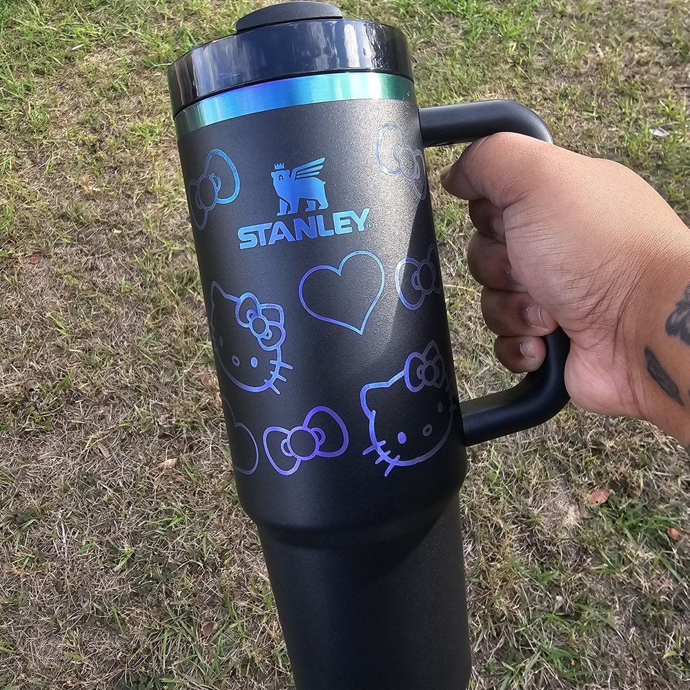40OZ Black Chroma Engraved Stanley With Hello Kitty